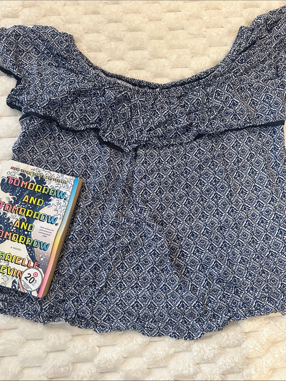 Women’s Navy Blue Printed Ruffle Off-Shoulder Top